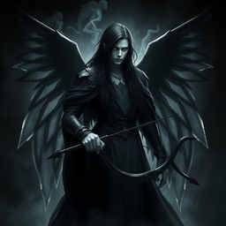 A fallen Aasimar named Aron, portrayed as a dark angel of death with striking black transparent wings that evoke a sense of mystery