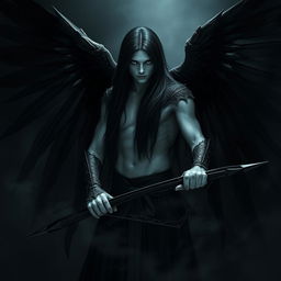 A fallen Aasimar named Aron, portrayed as a dark angel of death with striking black transparent wings that evoke a sense of mystery