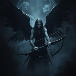 A fallen Aasimar named Aron, portrayed as a dark angel of death with striking black transparent wings that evoke a sense of mystery