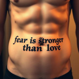 An intricate tattoo featuring the phrase "fear is stronger than love" artistically inked below the belly button on a well-defined muscular male abdomen