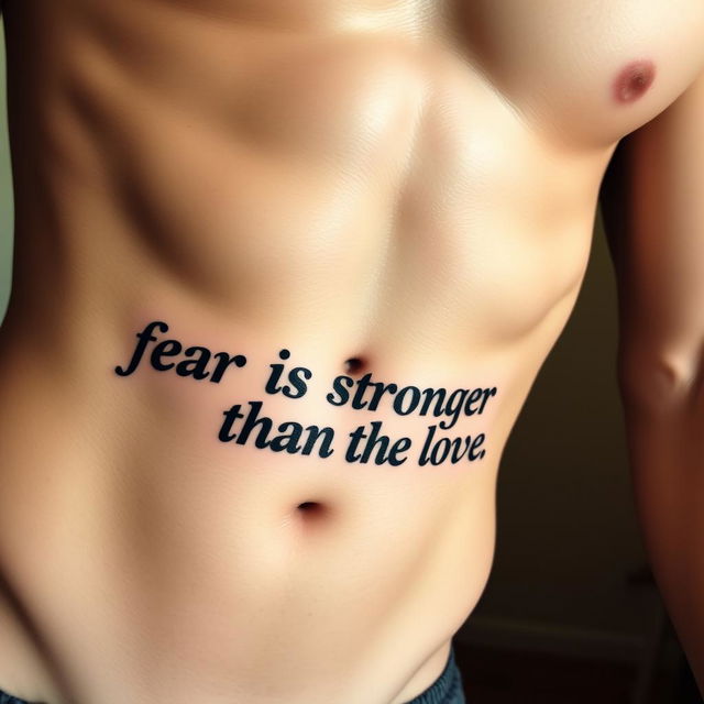 An intricate tattoo featuring the phrase "fear is stronger than love" artistically inked below the belly button on a well-defined muscular male abdomen