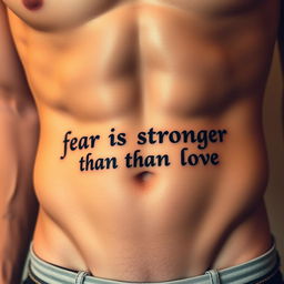 An intricate tattoo featuring the phrase "fear is stronger than love" artistically inked below the belly button on a well-defined muscular male abdomen