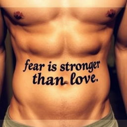 An intricate tattoo featuring the phrase "fear is stronger than love" artistically inked below the belly button on a well-defined muscular male abdomen