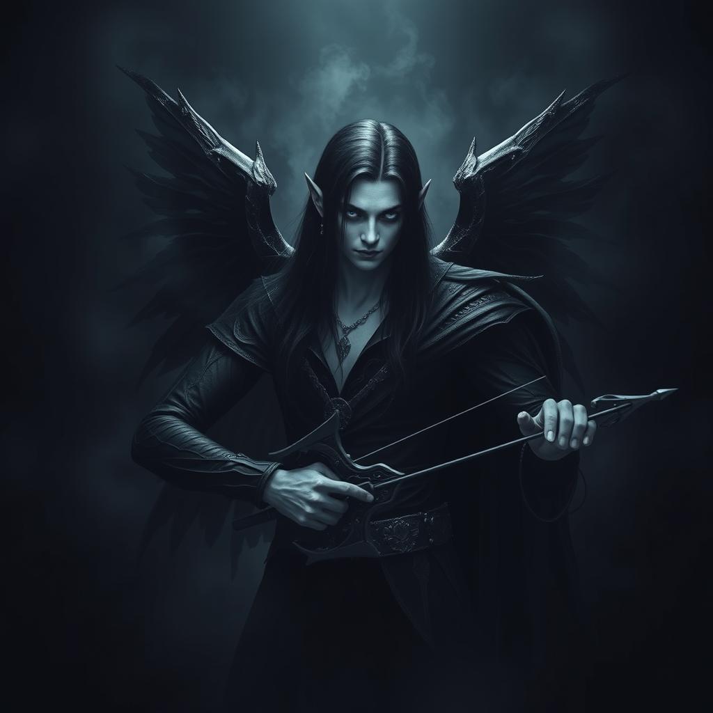 A fallen Aasimar named Aron, depicted as a dark angel of death with striking black transparent featherless wings that convey a sense of otherworldly power