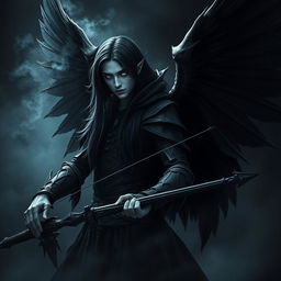 A fallen Aasimar named Aron, depicted as a dark angel of death with striking black transparent featherless wings that convey a sense of otherworldly power