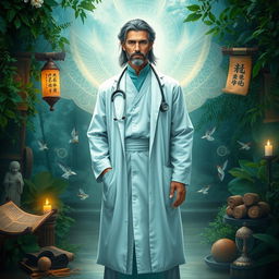 A mystical scene showing a doctor who has reincarnated, dressed in a blend of traditional and modern medical attire, standing in a serene environment surrounded by symbols of healing and rebirth