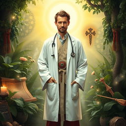 A mystical scene showing a doctor who has reincarnated, dressed in a blend of traditional and modern medical attire, standing in a serene environment surrounded by symbols of healing and rebirth