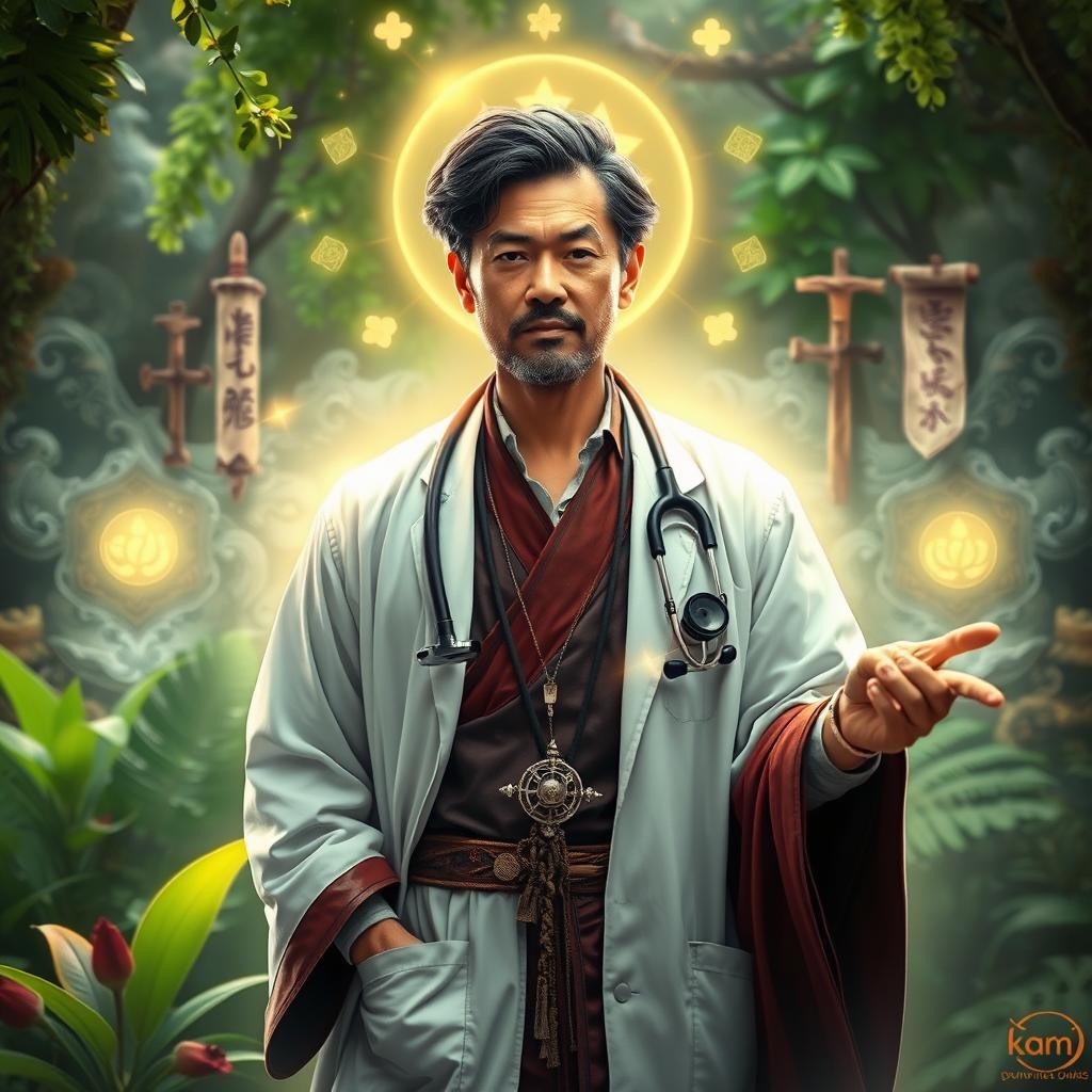 A mystical scene showing a doctor who has reincarnated, dressed in a blend of traditional and modern medical attire, standing in a serene environment surrounded by symbols of healing and rebirth