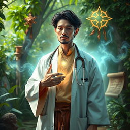 A mystical scene showing a doctor who has reincarnated, dressed in a blend of traditional and modern medical attire, standing in a serene environment surrounded by symbols of healing and rebirth