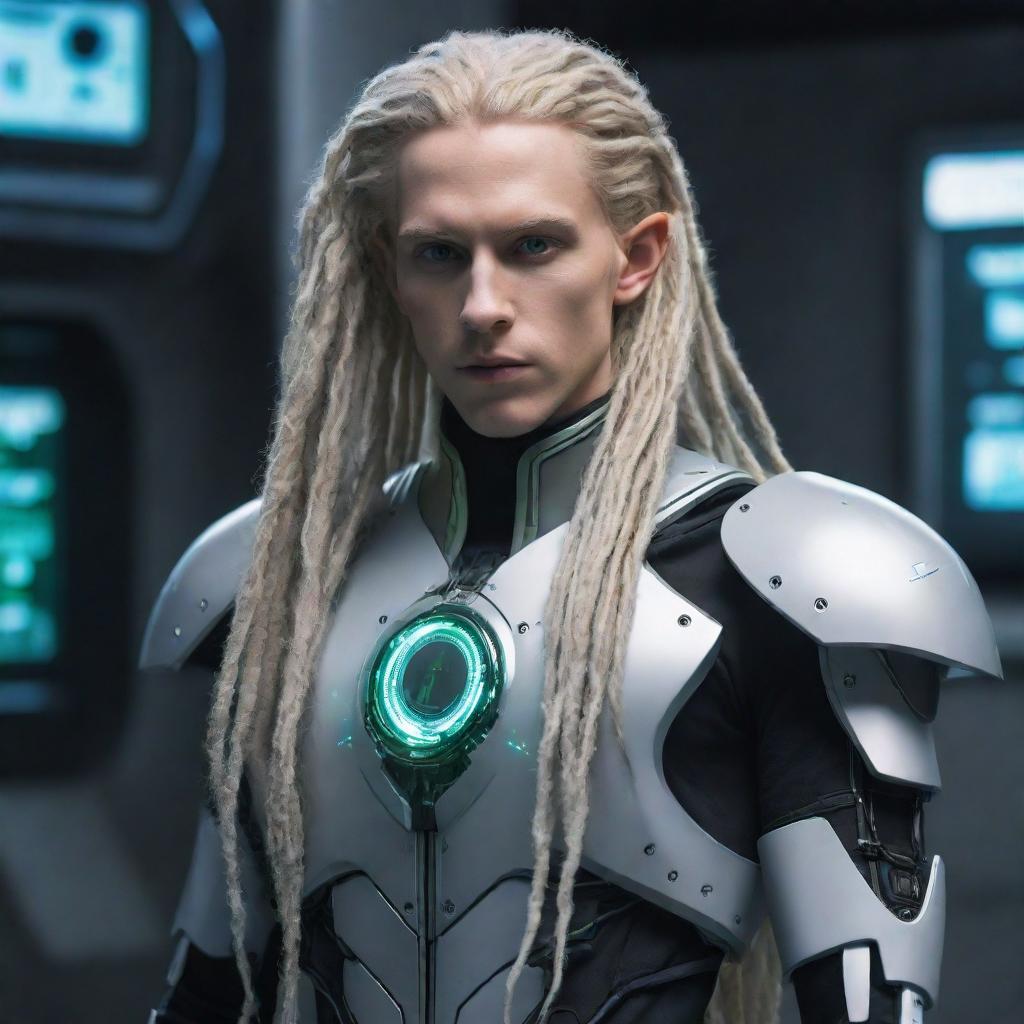 A male cybernetic elf with futuristic machine elements and long blond dreadlocks, merging fantasy with tech aesthetics.