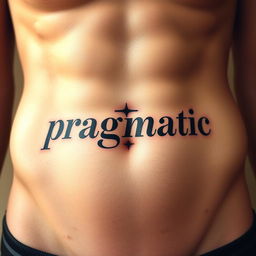 An artistic tattoo featuring the word "pragmatic" elegantly inked in a shaded style just below the belly button on a well-defined male abdomen