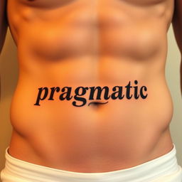 An artistic tattoo featuring the word "pragmatic" elegantly inked in a shaded style just below the belly button on a well-defined male abdomen