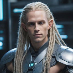 A male cybernetic elf with futuristic machine elements and long blond dreadlocks, merging fantasy with tech aesthetics.