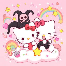 A cute and playful scene featuring Hello Kitty and Kuromi, set in a whimsical pastel-colored environment