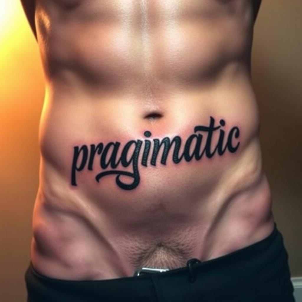 An artistic tattoo featuring the word "pragmatic" intricately inked in a shaded style, positioned just below the belly button and curving in a U-shape near the groin area on a well-defined male abdomen