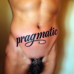 An artistic tattoo featuring the word "pragmatic" intricately inked in a shaded style, positioned just below the belly button and curving in a U-shape near the groin area on a well-defined male abdomen