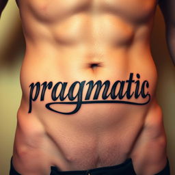 An artistic tattoo featuring the word "pragmatic" intricately inked in a shaded style, positioned just below the belly button and curving in a U-shape near the groin area on a well-defined male abdomen