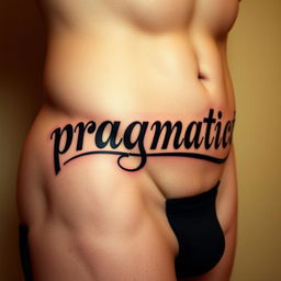 An artistic tattoo featuring the word "pragmatic" intricately inked in a shaded style, positioned just below the belly button and curving in a U-shape near the groin area on a well-defined male abdomen