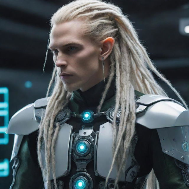 A male cybernetic elf with futuristic machine elements and long blond dreadlocks, merging fantasy with tech aesthetics.