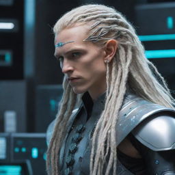 A male cybernetic elf with futuristic machine elements and long blond dreadlocks, merging fantasy with tech aesthetics.