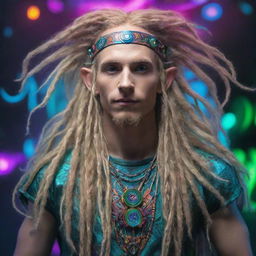 A male cybernetic elf with long, blond dreadlocks, embodying the vibrant, psychedelic energy of psytrance music with techno-fantasy aesthetics.