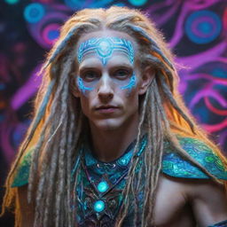 A male cybernetic elf with long, blond dreadlocks, embodying the vibrant, psychedelic energy of psytrance music with techno-fantasy aesthetics.