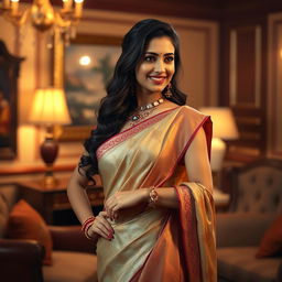 A captivating scene featuring the character Anupama, dressed in an elegant, traditional Indian outfit, standing confidently in a luxurious, tastefully decorated room