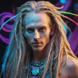 A male cybernetic elf with long, blond dreadlocks, embodying the vibrant, psychedelic energy of psytrance music with techno-fantasy aesthetics.