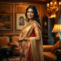 A captivating scene featuring the character Anupama, dressed in an elegant, traditional Indian outfit, standing confidently in a luxurious, tastefully decorated room