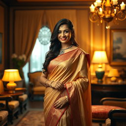 A captivating scene featuring the character Anupama, dressed in an elegant, traditional Indian outfit, standing confidently in a luxurious, tastefully decorated room