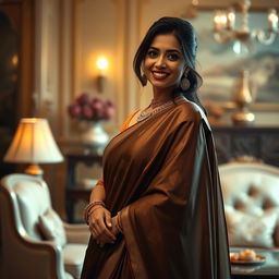 A captivating scene featuring the character Anupama, dressed in an elegant, traditional Indian outfit, standing confidently in a luxurious, tastefully decorated room