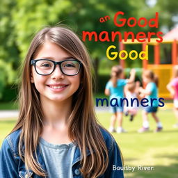 A book cover featuring a 10-year-old girl with long brown hair wearing glasses, looking happy and smiling