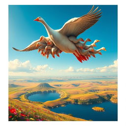 An imaginative representation of a fantastical creature: a 100-headed goose soaring majestically through a bright blue sky