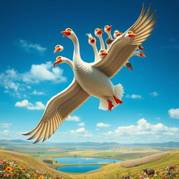 An imaginative representation of a fantastical creature: a 100-headed goose soaring majestically through a bright blue sky