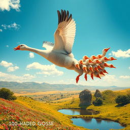 An imaginative representation of a fantastical creature: a 100-headed goose soaring majestically through a bright blue sky