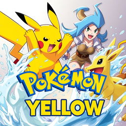 A vibrant and dynamic YouTube thumbnail featuring Pikachu in a muscular, heroic pose, battling against Misty who is looking fierce and determined, surrounded by her Water-type Pokémon