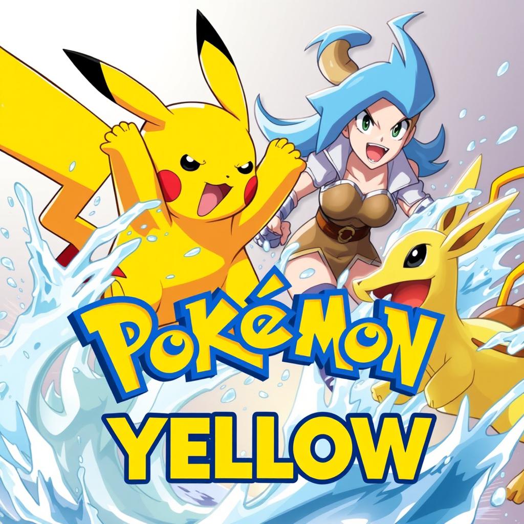 A vibrant and dynamic YouTube thumbnail featuring Pikachu in a muscular, heroic pose, battling against Misty who is looking fierce and determined, surrounded by her Water-type Pokémon