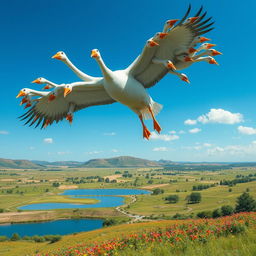 An imaginative representation of a fantastical creature: a 100-headed goose soaring majestically through a bright blue sky