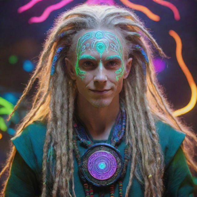 A male cybernetic elf with long, blond dreadlocks, embodying the vibrant, psychedelic energy of psytrance music with techno-fantasy aesthetics.