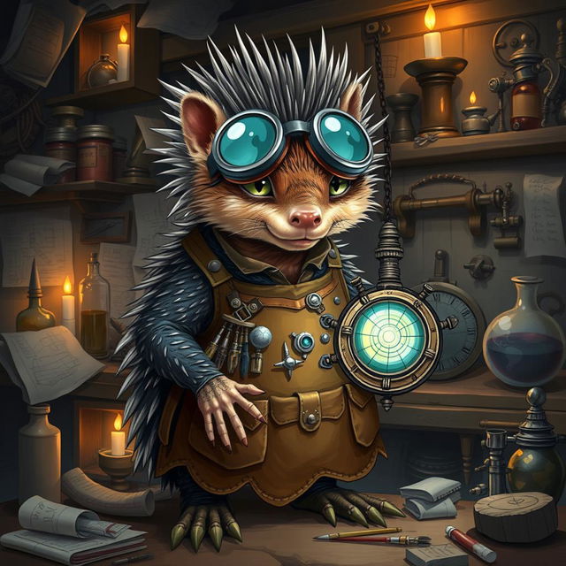 A striking illustration of an echidna character as an artificer in a fantasy setting