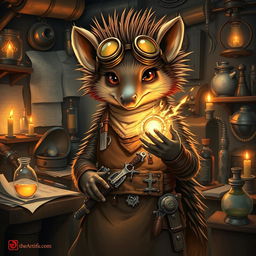 A striking illustration of an echidna character as an artificer in a fantasy setting