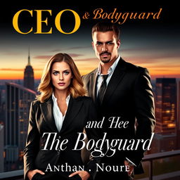 A captivating romance novel cover featuring a powerful CEO and her rugged bodyguard