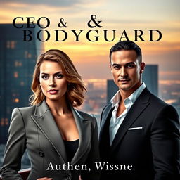 A captivating romance novel cover featuring a powerful CEO and her rugged bodyguard