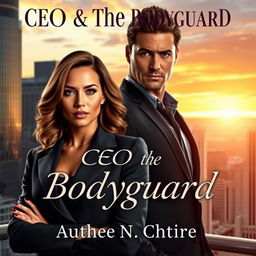 A captivating romance novel cover featuring a powerful CEO and her rugged bodyguard