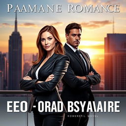 A captivating romance novel cover featuring a powerful CEO and her handsome bodyguard