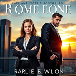 A captivating romance novel cover featuring a powerful CEO and her handsome bodyguard