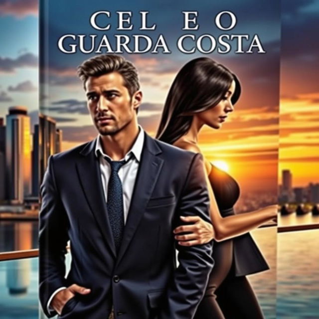 A romantic novel cover featuring a sophisticated CEO and her strong bodyguard