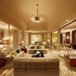 A large, exquisite living room showcasing state-of-the-art decor with lavish furnishings and contemporary design elements.