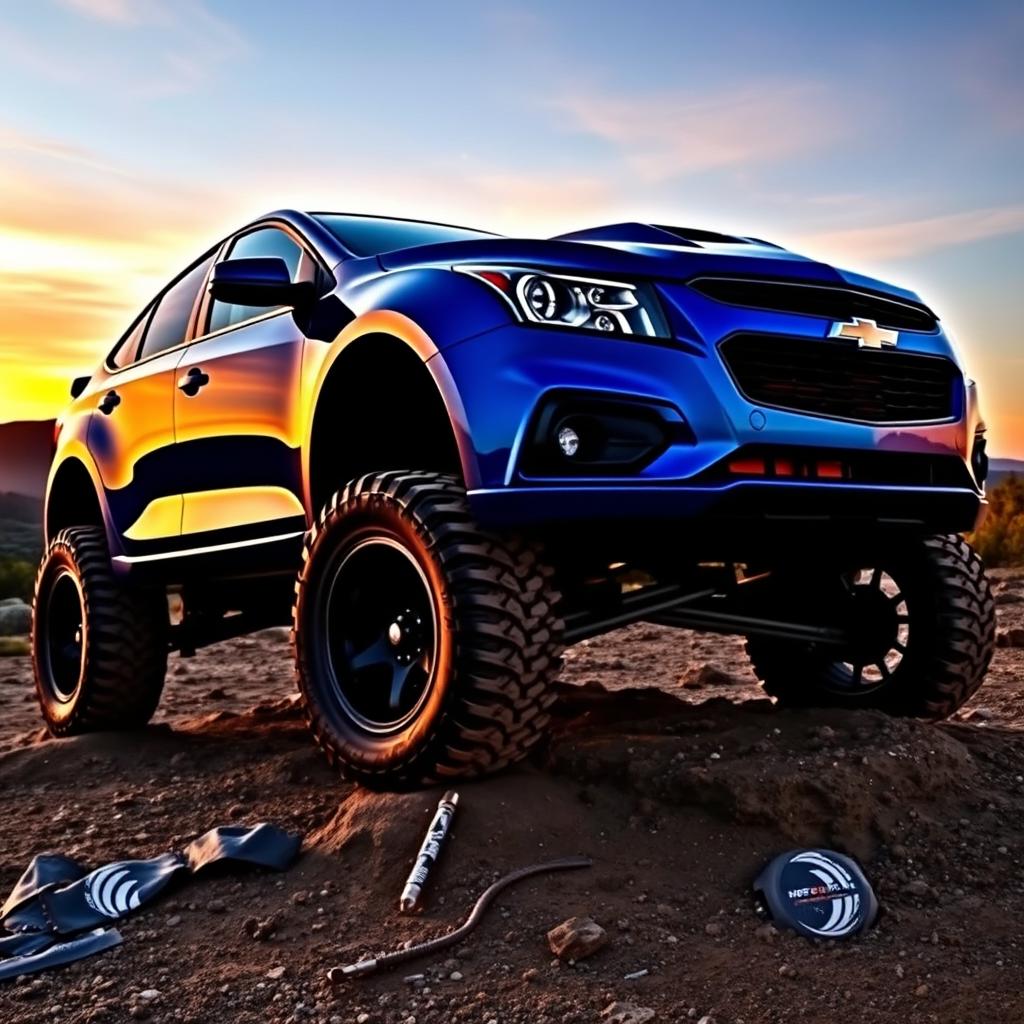 A lifted Chevy Cruze, featuring an aggressive stance with oversized off-road tires and a distinctive hood scoop