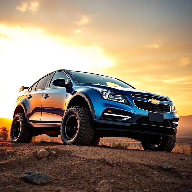 A lifted Chevy Cruze, featuring an aggressive stance with oversized off-road tires and a distinctive hood scoop